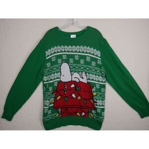 Peanuts Christmas Sweater Mens Large Green Snoopy Ugly Christmas Sweater Holiday